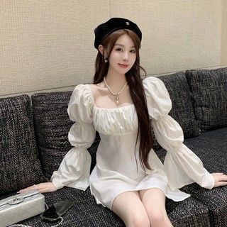 Đầm Chữ A Tay Phồng Cổ Vuông Lưng Xếp Ly Thời Trang Mùa Thu 2024