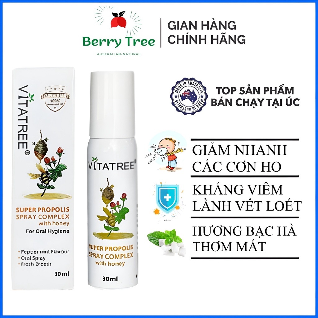 [2025] Xịt Họng keo ong Úc Vitatree Super Propolis Spray complex with Honey 30ml