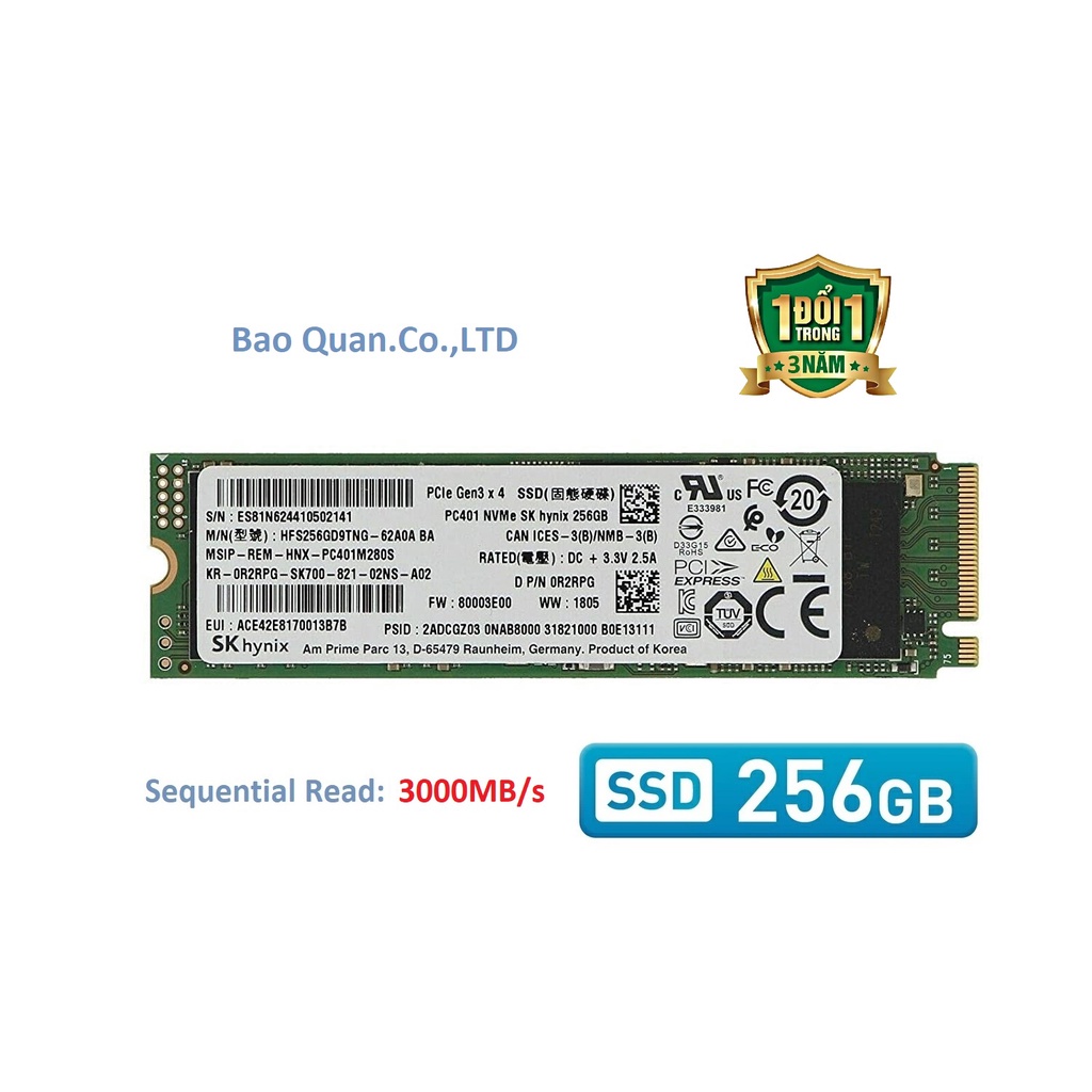 Ổ SSD Sk Hynix PC611 256GB Nvme 2280 - New bóc máy - Tốc độ 3100MB/s