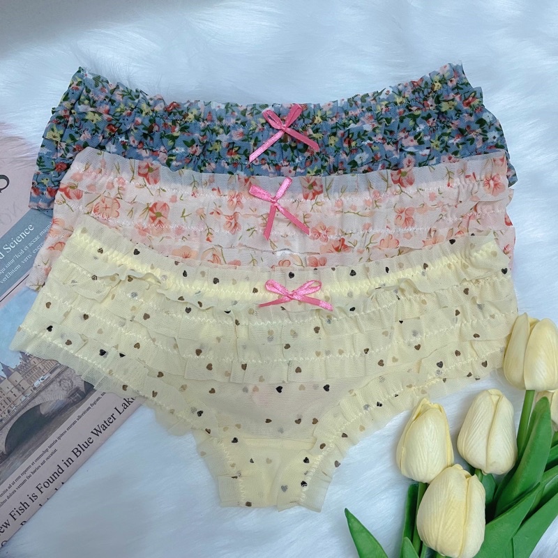 Quần lót ren nữ xếp tầng- Quần chip nữ sexy, quyến rũ họa tiết hoa nhí vàng,chấm bi- nâng mông