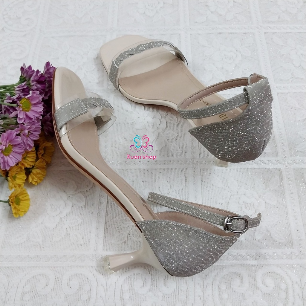 Giày sandal Dusto chất da phối ánh kim, gót nhọn 6cm