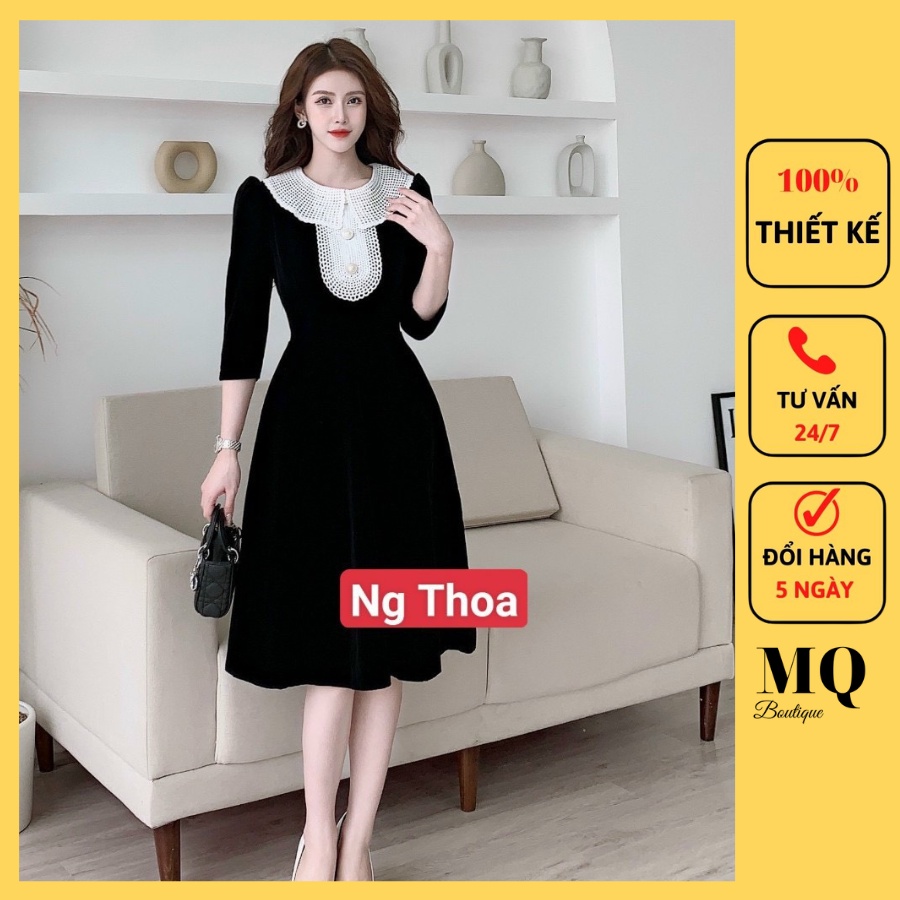 Váy nhung công sở dáng xòe nữ phối ren ngực cổ cánh sen tay lỡ dự tiệc, đầm nhung thiết kế MQ Boutique cao cấp