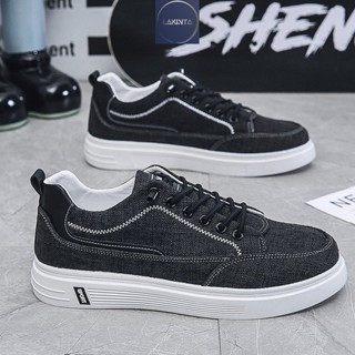  Giày Sneaker thể thao nam Lakinta cổ thấp đế bằng màu đen xám vải bò cao cấp G400 