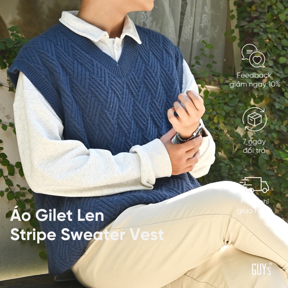 Áo Gilet Len Stripe Sweater Vest GUY's Closet Dày Dặn Mềm Mại - Áo Len Ghile Nam Nữ Phong Cách Thanh Lịch, Hàn Quốc