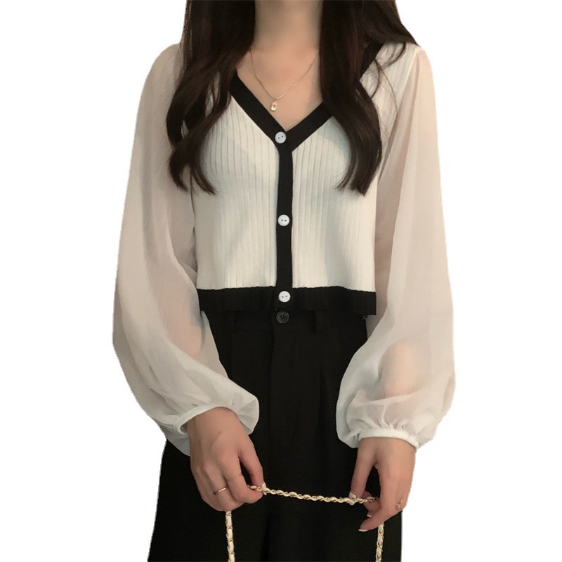 Áo Khoác Cardigan Len Dệt Kim Tay Phồng Phối Lưới Thời Trang Mùa Thu Phong Cách Hàn Quốc Mới Cho Nữ