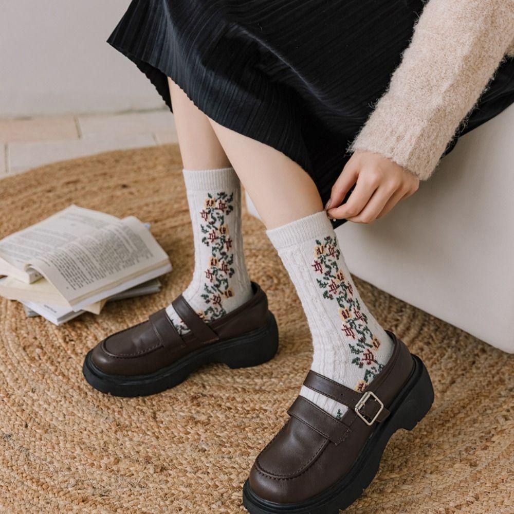 Vớ Len Dày Mềm Mại In Họa Tiết Hoa Phong Cách Harajuku Cổ Điển Thời Trang Mùa Đông Cho Nữ