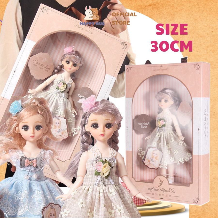 Đồ chơi trẻ em búp bê công chúa cho bé gái size 30cm có khớp, hộp quà tặng có quai xách siêu xinh - Happy Hug