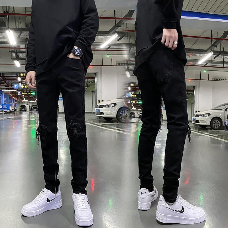 Giày Sandal Jeans Vá Lỗ Nhỏ Co Giãn Màu Đen Phong Cách Hip Hop Đường Phố Cho Nam