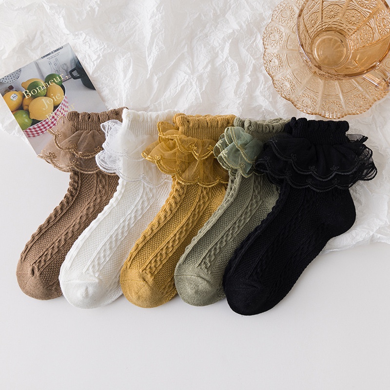Tất Cotton Dày Dặn Phối Ren Màu Đen Phong Cách Công Chúa Cho Bé Gái