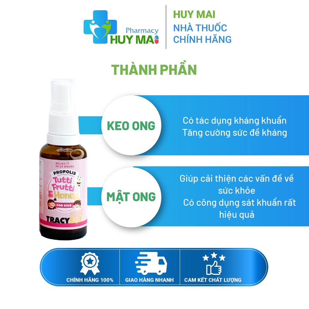 Keo ong giảm ho tăng đề kháng cho bé Tracybee Propolis Tutti Frutti & Honey For Kids Chai 30ml