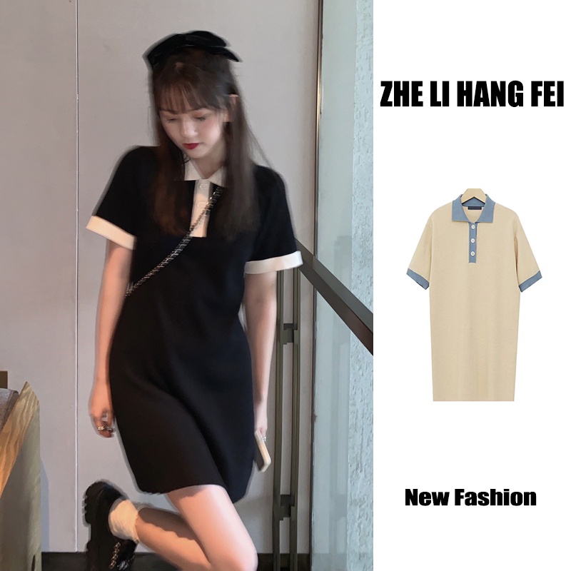 Đầm ZHELIHANGFEI dệt kim tay ngắn cổ polo phối màu trẻ trung cho nữ