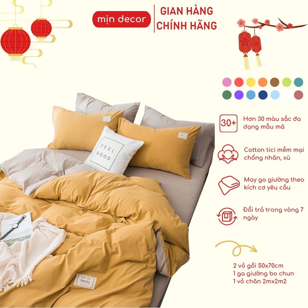 Bộ chăn ga gối cotton tici Mịn Decor một màu basic mềm mại bo chun miễn phí