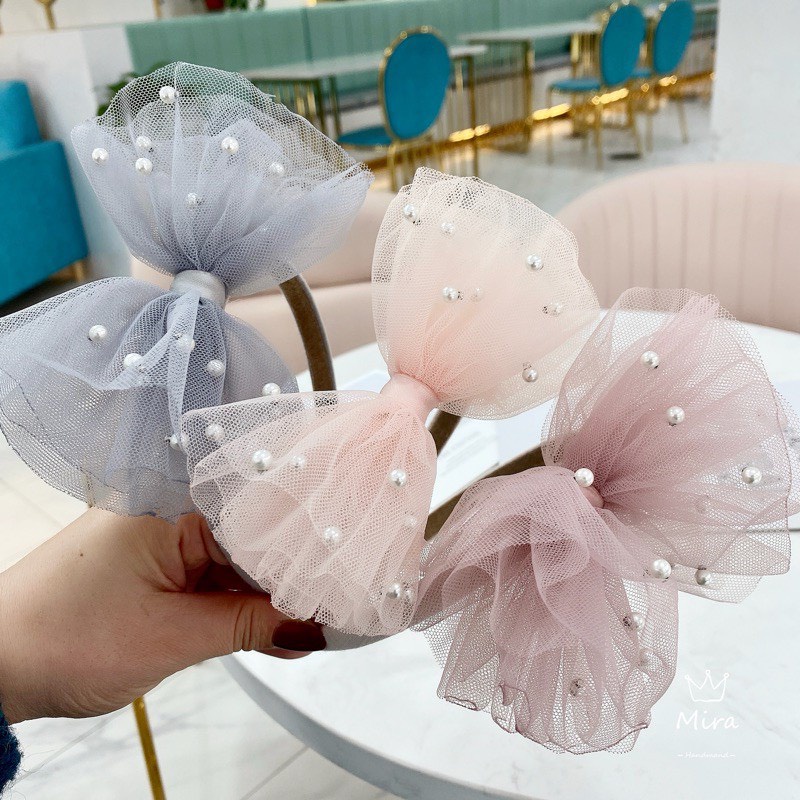 Bờm tóc nơ voan đính hạt trai nhân tạo đáng yêu cho bé gái - L009