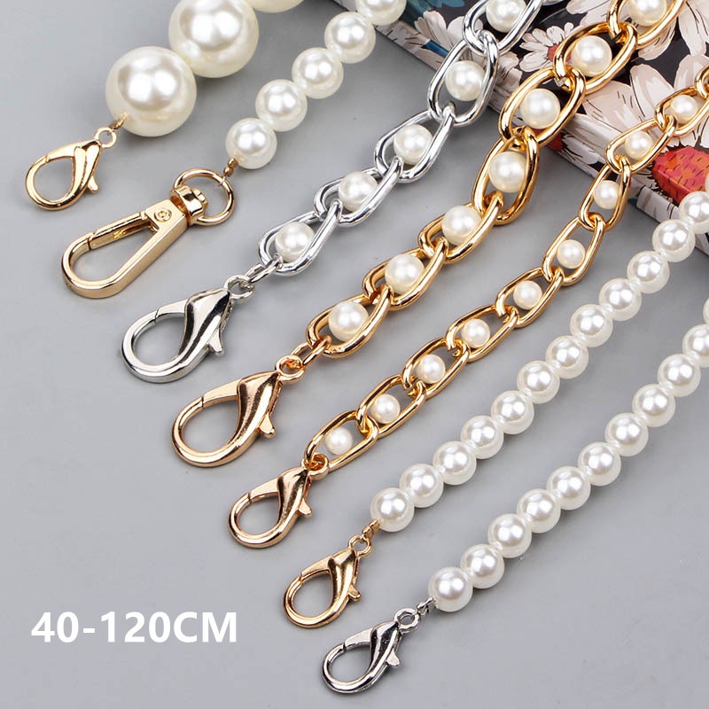 Dây Xích Kim Loại Đeo Túi Xách 40-120CM Màu Bạc / Vàng Đính Ngọc Trai Sang Trọng