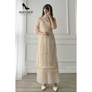 ÁO DÀI CÚC CHI CÁCH TÂN 4 TÀ TAY LỠ CỔ VUÔNG - IN HOA NỔI BỒ CÔNG ANH TRẺ TRUNG