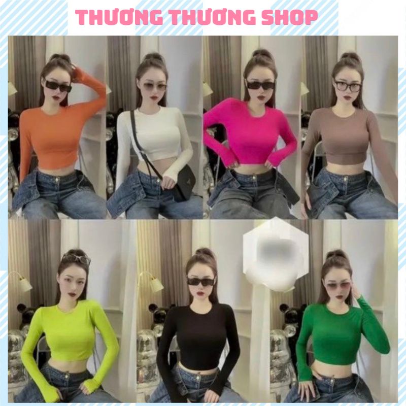 Áo Thun Gân CỔ TRÒN TAY DÀI XỎ NGÓN dáng croptop Thời Trang Hàn Quốc.