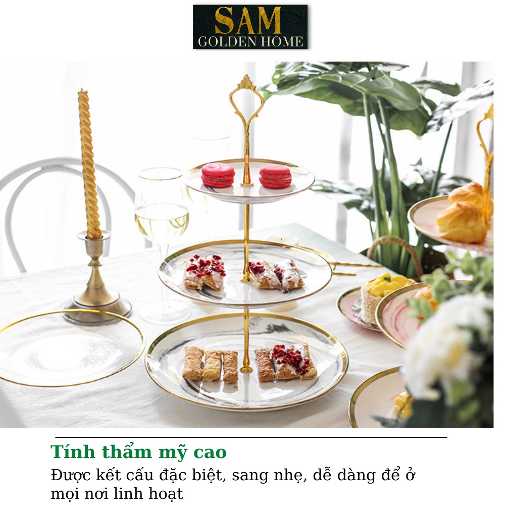 Khay Đĩa 3 Tầng Pylu Hình Tròn Sứ Tráng Men Mạ Vàng Vân Đá Đựng Bánh Mứt, Hoa Quả, Trái Cây Cao Cấp