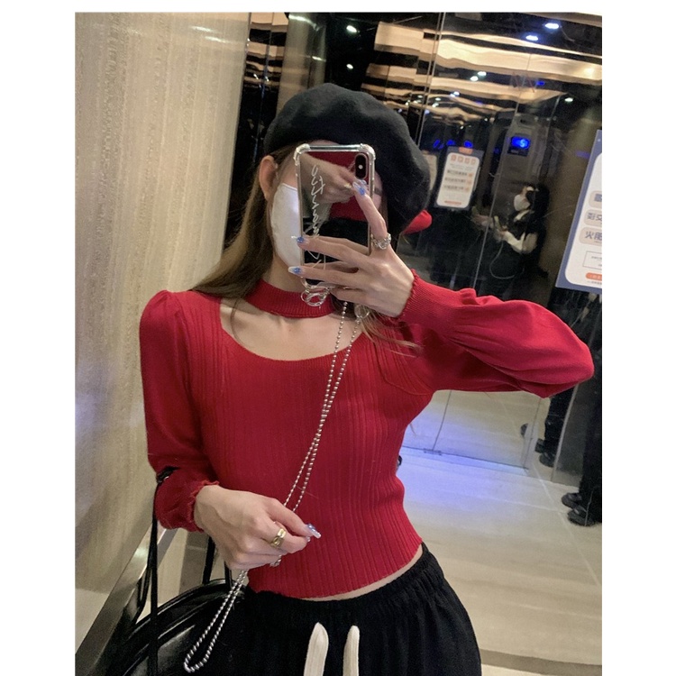 ZHELIHANGFEI Áo Dệt Kim Tay Dài Cổ Vuông Eo Cao Quyến Rũ Dễ Phối Đồ