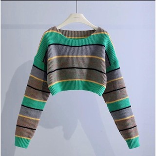Áo Len kẻ xanh dáng croptop