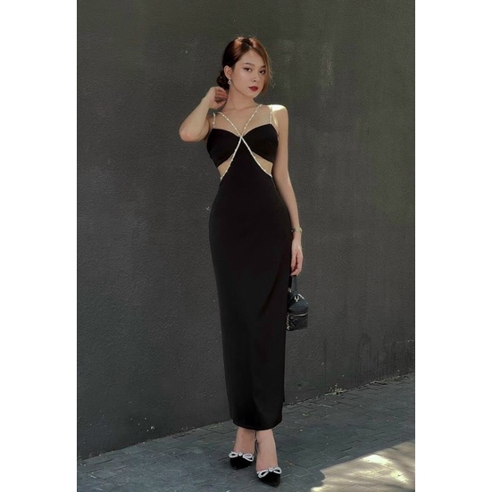 Đầm body dài thiết kế xẻ ngực tinh tế viền đá sang trọng  có khoá kéo mút ngực