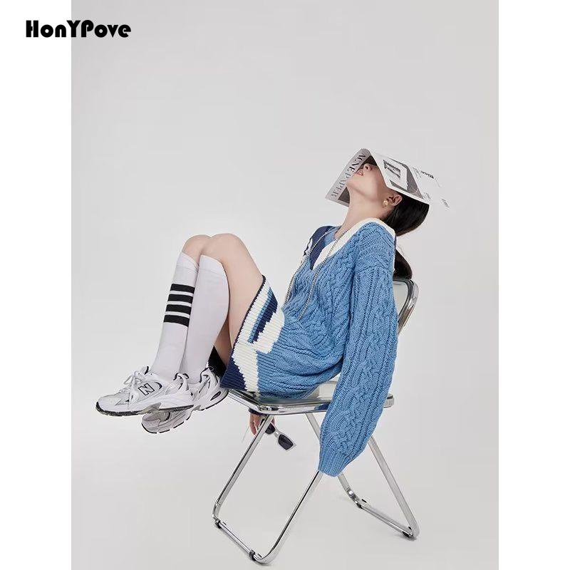 Honypove Áo Sweater Cổ Chữ v Màu Sắc Retro Thời Trang Thu Đông Dành Cho Nữ