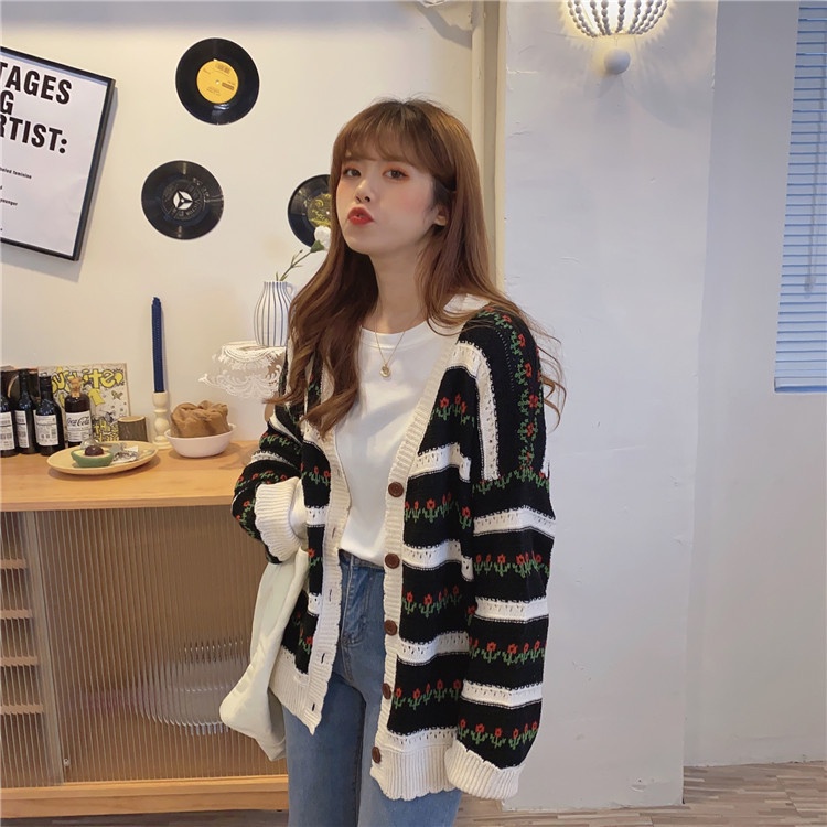 IELGYÁo Khoác cardigan Họa Tiết Hoa Phong Cách retro Hàn Quốc Dễ Phối Đồ Cho Nữ