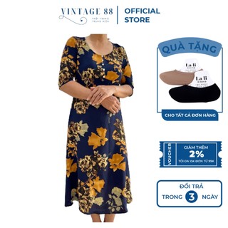 Váy đầm trung niên suông cho mẹ đi dự tiệc chất lụa hàn hoạ tiết hoa sang trọng