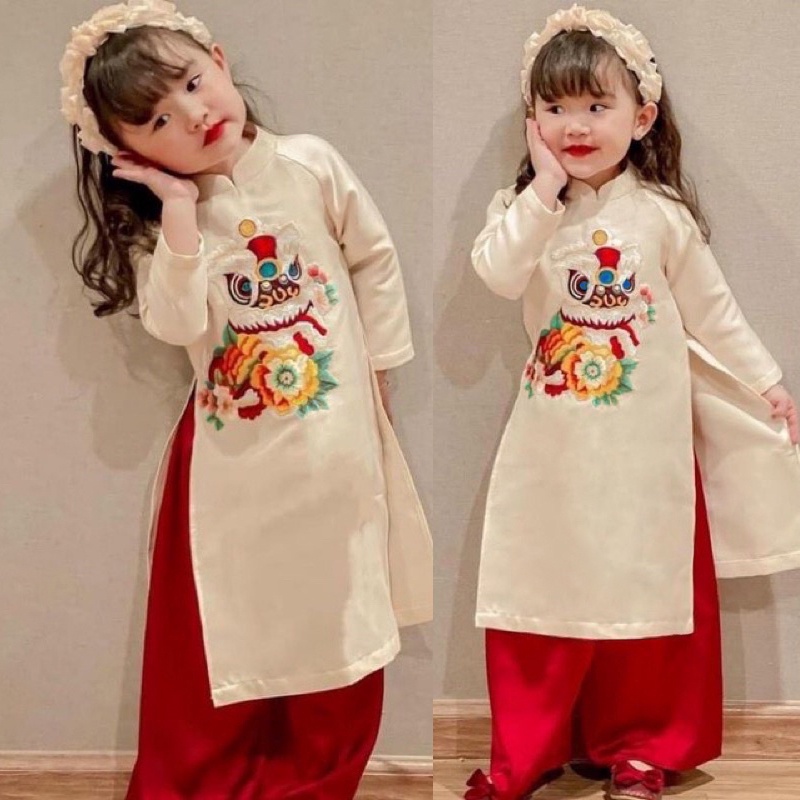 Áo Dài cách tân thêu Kỳ Lân cho bé GÁI, chất liệu nhung chéo cao cấp, áo dài tết đủ size 2 3 4 5 67 8 9