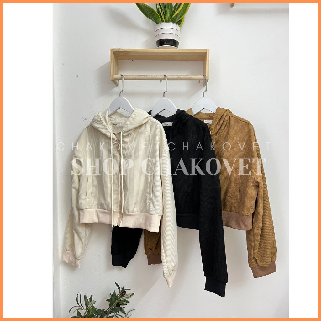 Áo khoác nhung tăm nữ dáng ngắn A8438 Áo Bomber lửng có mũ dày dặn phong cách Unisex siêu xinh mặc đi chơi - CHAKOVET