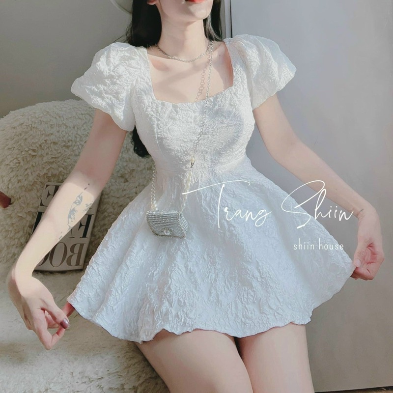 Set Bộ Gấm Áo Babydoll Thắt Lưng Tay Ngắn Phồng Kèm Quần Đùi
