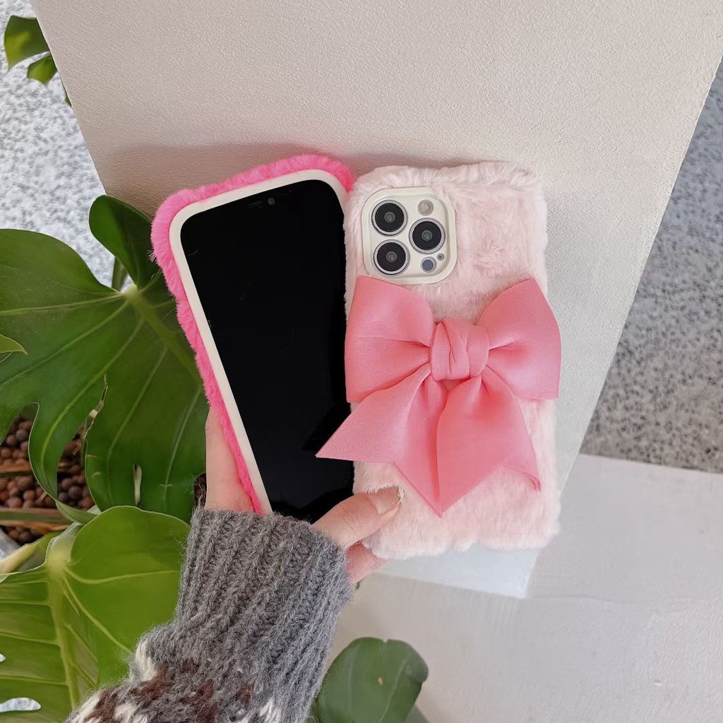 Ốp Điện Thoại Mềm Phối Lông Đính Nơ Màu Hồng Cho Iphone 14 pro max 12 pro max 11 pro max 13promax 14pro 14