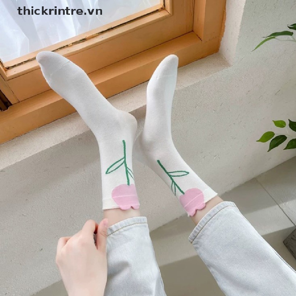 1 Đôi Vớ Cổ Vừa Thoáng Khí In Họa Tiết Hoạt Hình Dễ Thương Cho Nữ