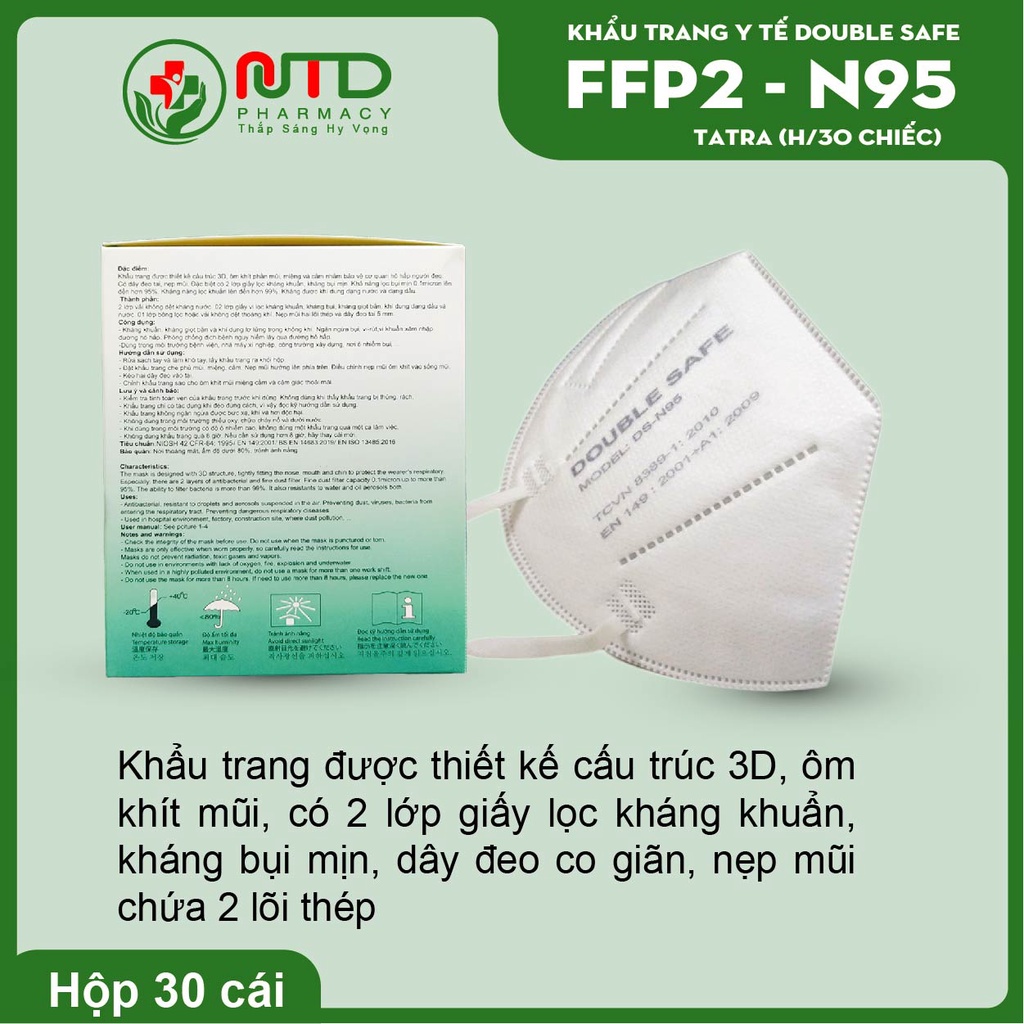 Khẩu trang y tế Double Safe N95 công nghệ Mỹ kháng Khuẩn, bụi mịn tốt hơn 10 lần KF94 và 3D