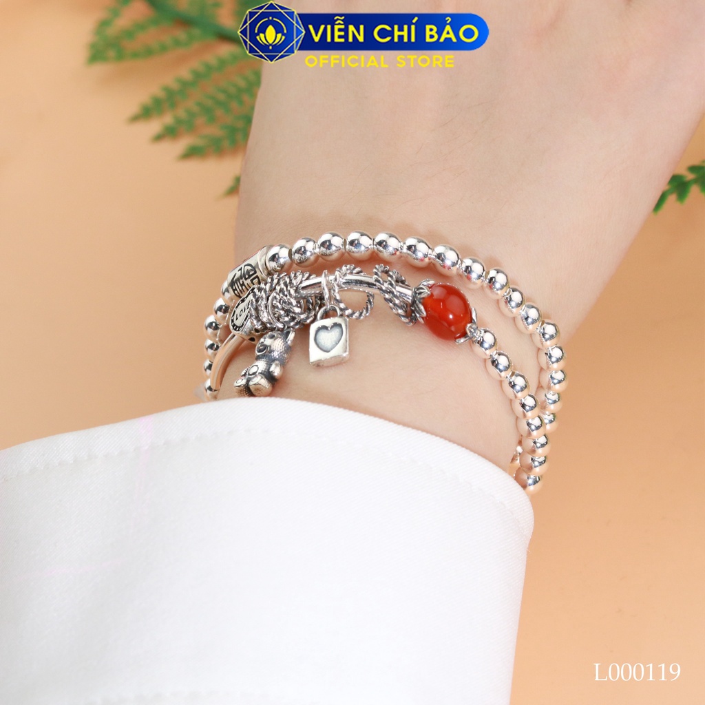 Vòng tay bạc nữ bi charm gấu đá đỏ chất liệu bạc 925 thời trang phụ kiện trang sức Viễn Chí Bảo L000119