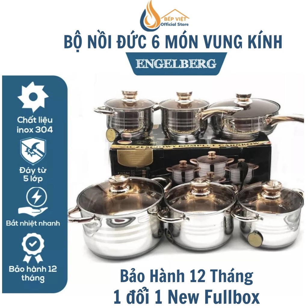 Bộ Nồi Đức 6 món 12 chi tiết ENGELBERG Chất Liệu Inox Cao Cấp Không Gỉ An Toàn Tuyệt Đối Cho Sức Khỏe
