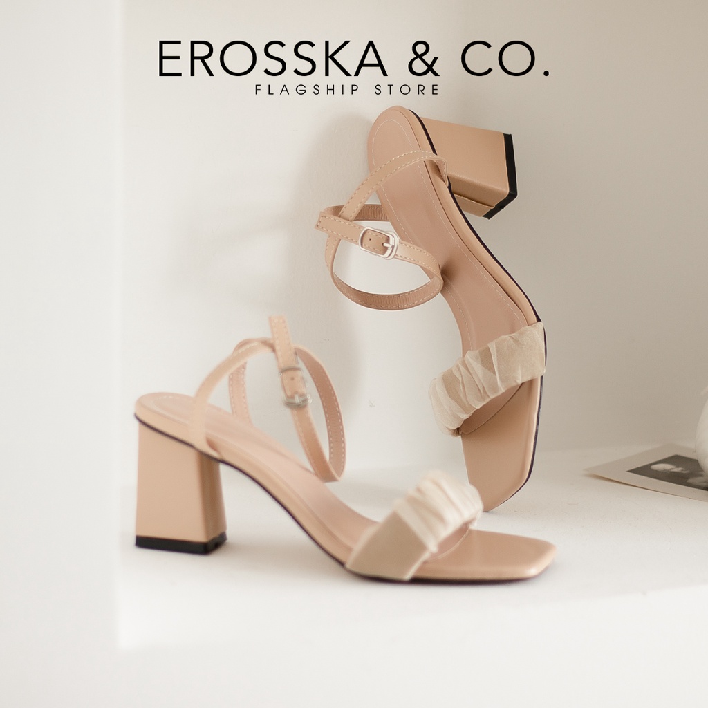 Erosska - Giày sandal cao gót nữ quai nhún lưới phối dây quai mảnh cao 7cm màu đen - EB050