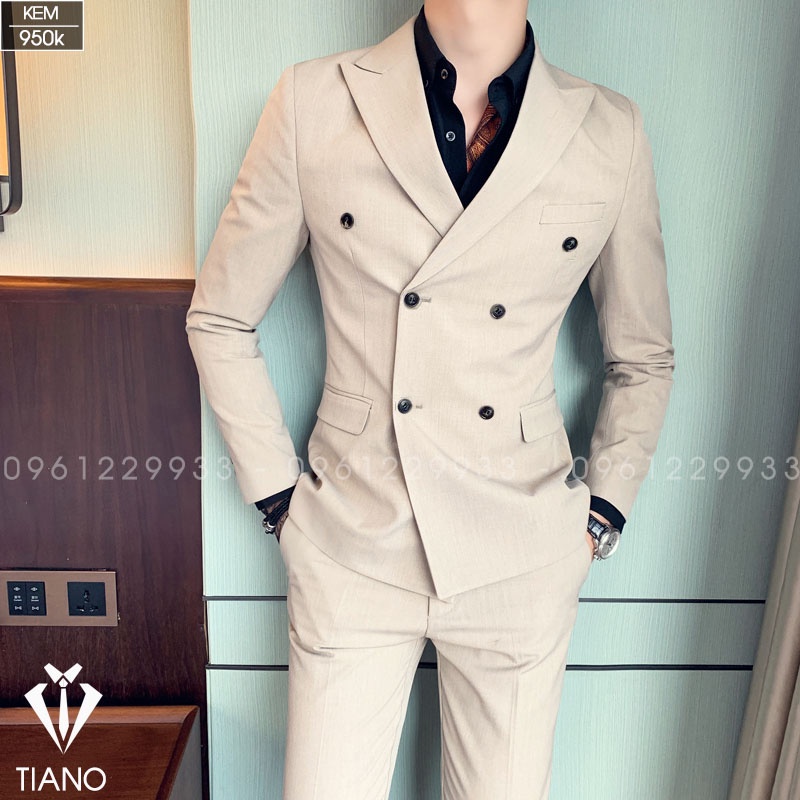 Vest nam cao cấp 6 cúc Hàn Quốc màu KEM cực sang trọng, Suit Nam Cao Cấp (bộ vest gồm 1 quần và 1 áo)