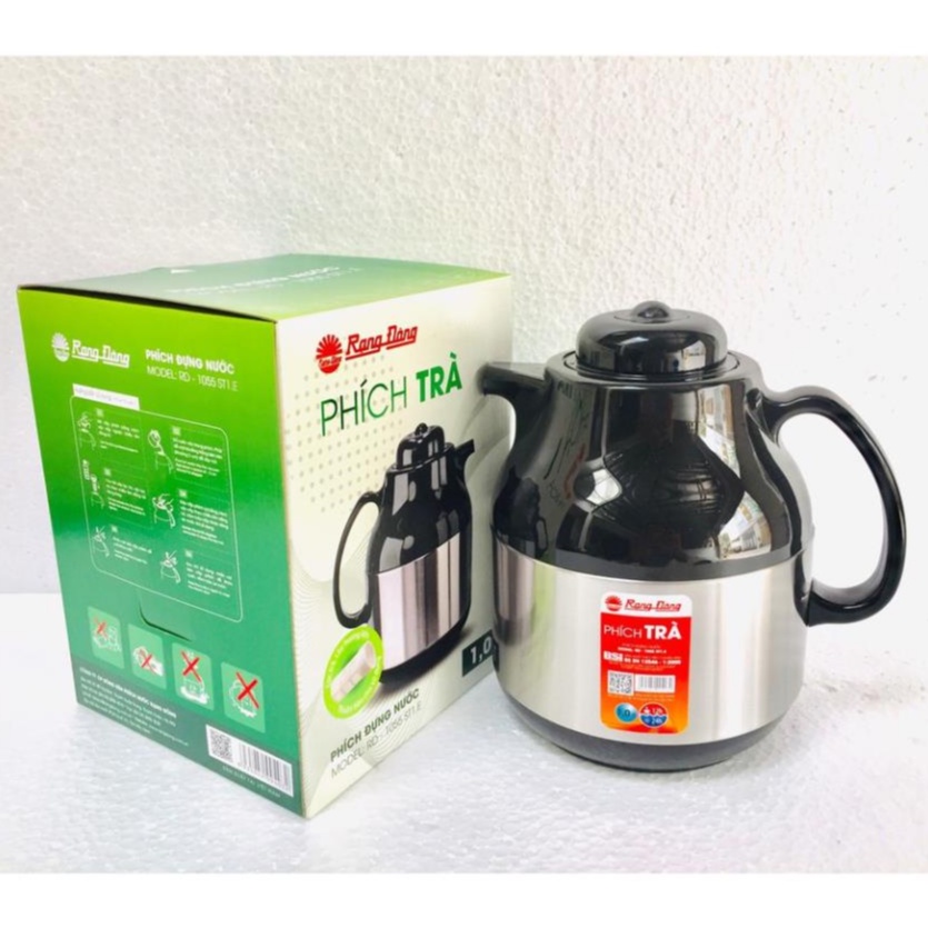 Phích pha trà 1 lít Rạng Đông, Bình ủ cao cấp, giữ nhiệt 1055ST1.E, có tấm lọc bã trà, thân inox chống bám vân tay