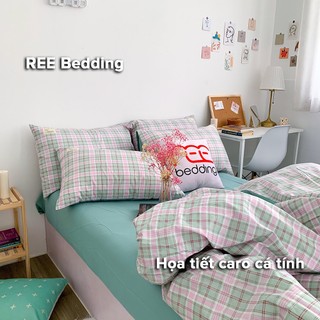 Bộ chăn ga gối REE Bedding CTC50 Cotton TC caro xanh mint đủ size giường