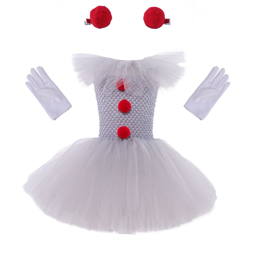 Set trang phục hóa trang chú hề 2023 dành cho bé gái gồm đầm lưới và phụ kiện cho bé đi tiệc halloween