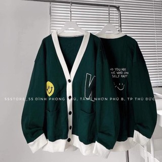 Áo khoác nỉ Cardigan mặt cười viền áo cúc dọc cổ V dáng rộng