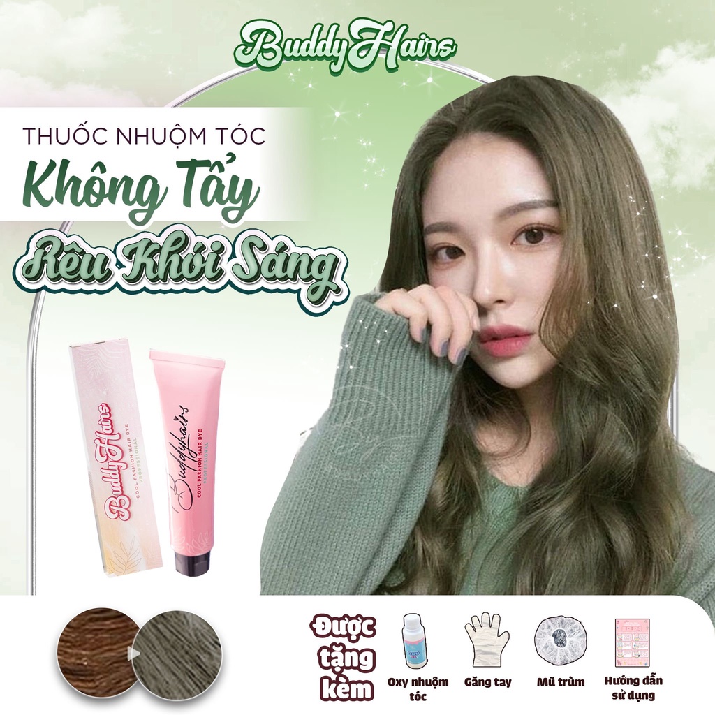 Thuốc nhuộm tóc màu RÊU KHÓI SÁNG thuốc nhuộm tóc không cần tẩy, kem nhuộm tóc tại nhà Buddyhairs tặng kèm dụng cụ