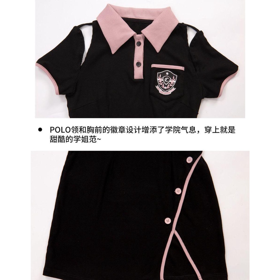 Y2k Váy polo Tay Dài Ôm Eo Xẻ Tà Cài Nút Màu Đen Ngọt Ngào Thời Trang Xuân Thu Mới Dành Cho Bạn Nữ