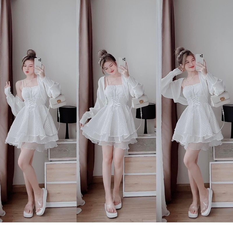 Sét đầm 2 dây trắng xốp đan dây kèm khoác len tăm tiêu thư xinh xắn