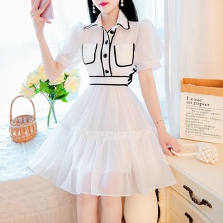 Đầm voan chifon 2 lớp họa tiết chạy viền , dáng mini xòe 2 màu trắng đen mặc đi chơi dự tiệc cực sang