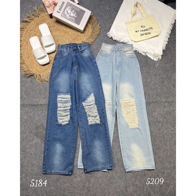 QUẦN JEANS RÁCH ỐNG RỘNG DÁNG DÀI LOANG MÀU
