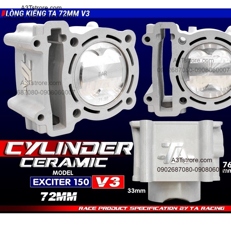 LÒNG KIẾNG PISTON BẠC TA RACING ( V3 ) EXCITER 135/150 65-68-72MM / CHÂN 33 / thân 76 (1 COMBO)