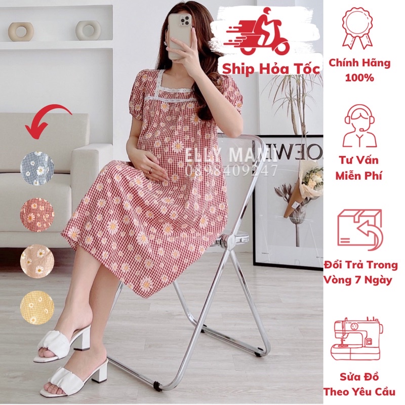 ( 40kg - 95kg ) Đầm Bầu , Suông Hoa Cúc Cổ Vuông Ren Mặc Thoải Mái Suốt Thai Kì & Sau Sinh Thiết Kế Cao Cấp