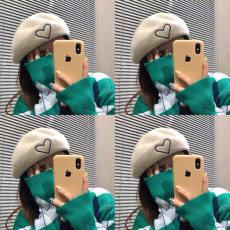 Mũ Beret Len Thêu Hình Trái Tim Xinh Xắn Thời Trang Mùa Thu Đông Theo Phong Cách Hàn Quốc