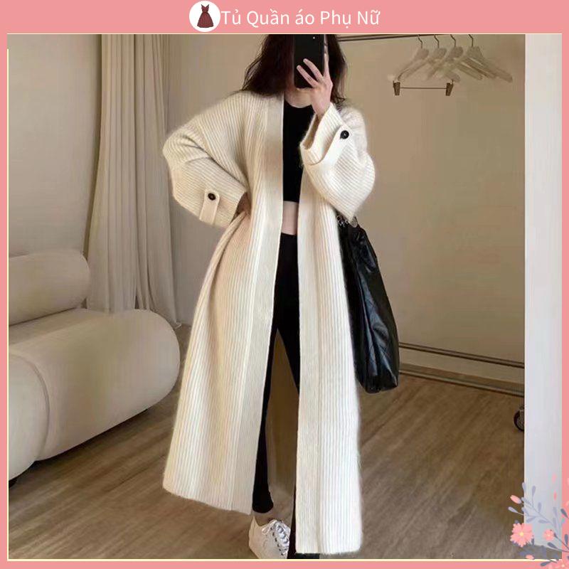 O Kho C L ng C u Th / Trang a ng Áo Khoác Cardigan Dệt Kim Mềm Dáng Dài Qua Gối Cổ Chữ V Sang Trọng Phong Cách Pháp Thân Thiện Với Da Dành Cho Bạn Nữ